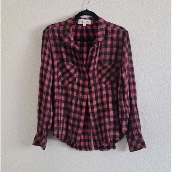 Cloth & Stone Long Sleeve Button Front Plaid Raw Edge Shirt Women's Size L - Picture 1 of 9
